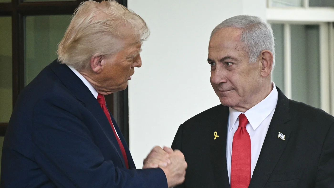 S President Donald Trump shakes hands with Israeli Prime Minister Benjamin Netanyahu as Netanyahu departs the White House in Washington, DC, on April 7, 2025.afp_.jpg