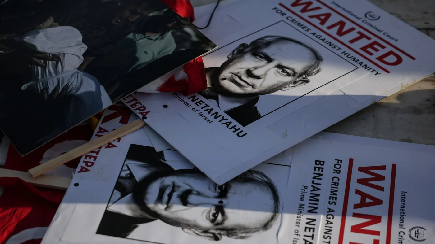 22 posters with an image depicting Israeli Prime Minister Benjamin Netanyahu lie on the street, during a rally in support to Palestinian people in Athens, Greece, May 21, 2025-reuters.jpg