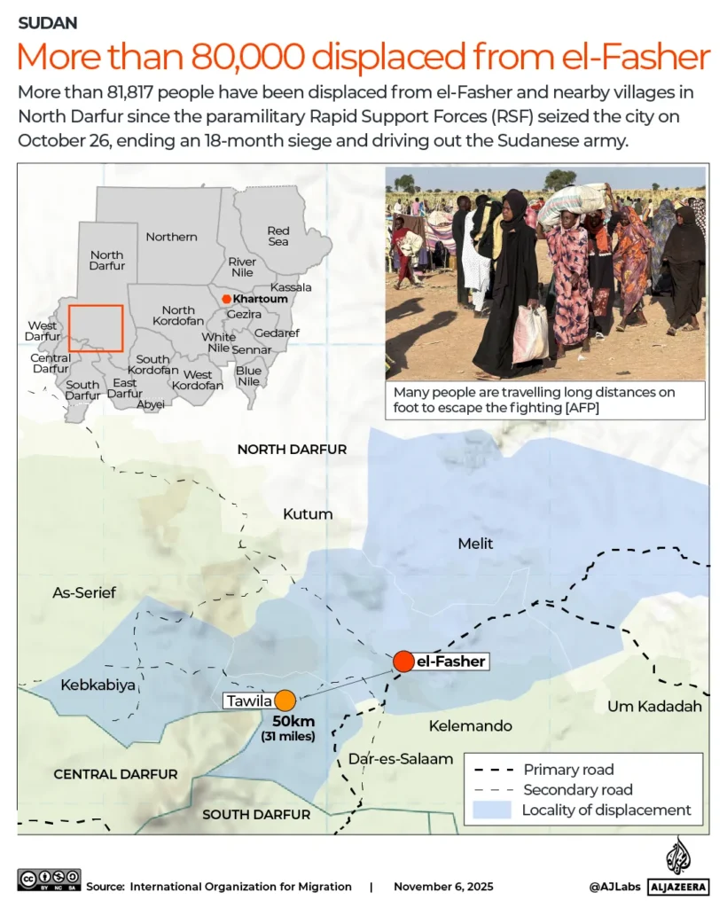 Hová menekül több tízezer ember Szudánban? 5 INTERACTIVE More than 80000 displaced from el Fasher Sudan Tawila 1762410360